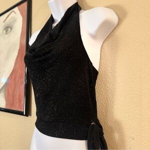 90s Finesse Black Glitter Cowlneck Halter Top Womens Medium